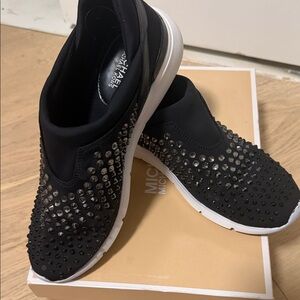 MICHAEL Michael Kors Black Slip-On Studded Sneakers with White Sole